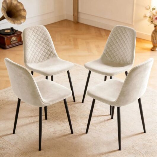 AINPECCA 4X Beige Dining Chairs Velvet Padded Seat Metal Legs Kitchen Home Office UK