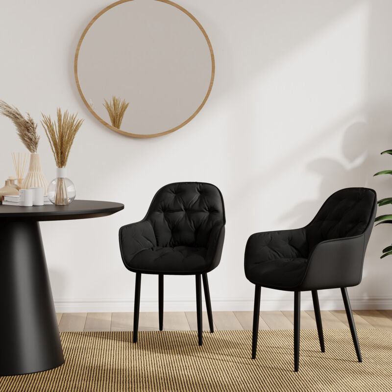ANIKA MODERN VELVET DINING CHAIR PADDED SEAT METAL LEG KITCHEN 2 PCS (Black)