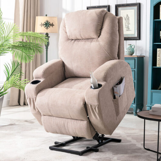 Abrihome - Electric Lift Chair with Heat and Massage, Fabric Recliner Sofa with 2 Cup Holders, Side Pockets & Remote Control for Living Room