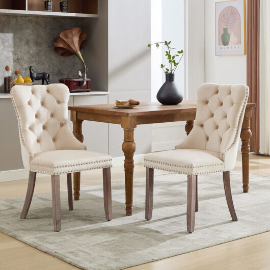 Abrihome - Modern Set of 2 Upholstered Velvet Dining Chairs, Button Tufted Kitchen Lounge Chairs with Brushed Wood Legs, Riveted Trim and Knocker