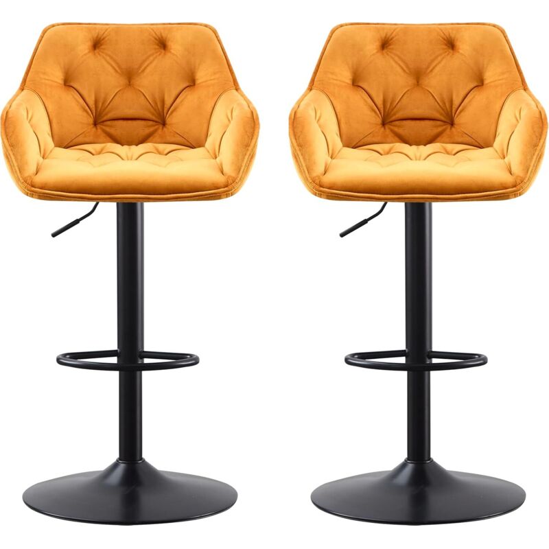 Ainpecca - 2pcs Luxury Bar Stools Velvet Dining stools Padded Armrest Swivel Bar Chairs Height adjustable Breakfast Kitchen-Yellow