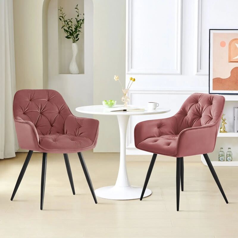 Ainpecca - Dining Chairs Velvet Padded Seat Metal Legs Kitchen Chair Home Office(Rose,2PCS)