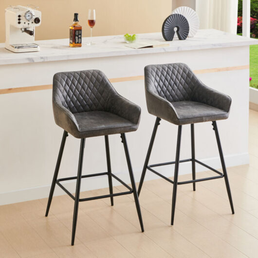 Ainpecca - Set of 2 Barstools Suede Upholstered seat with Backrest & Armrest Black Metal Legs Kitchen Breakfast Bar Stools (Grey Suede ,2 pcs)