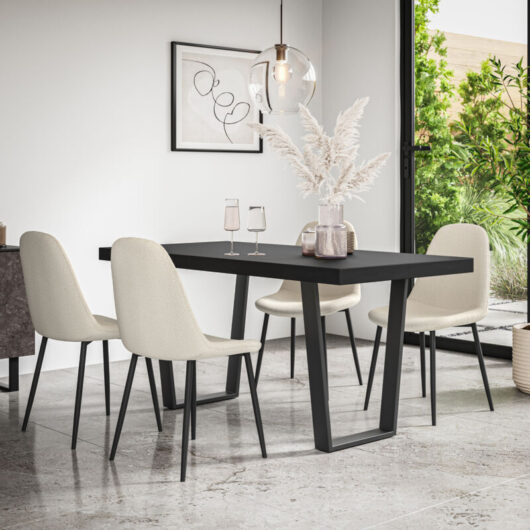 Aria Dining Table And Chairs - Black Table Top w Black Legs + Maya Boucle Dining Chair Set Of 4 (Ivory White)