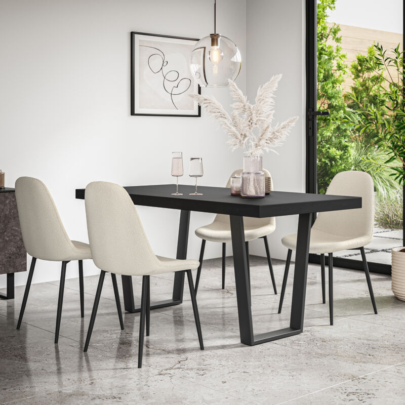Aria Dining Table And Chairs - Black Table Top w Black Legs + Maya Boucle Dining Chair Set Of 6 (Ivory White)
