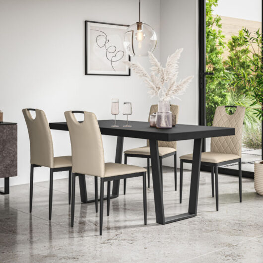 Aria Dining Table And Chairs - Black Table Top w Black Legs + Monza Faux Leather Dining Chair Set Of 4 (Beige)