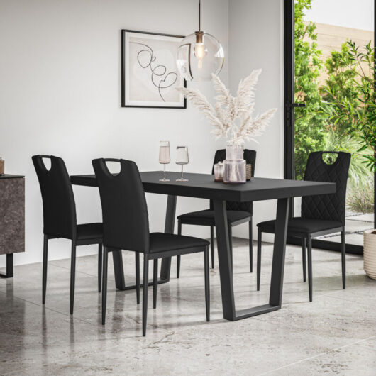 Aria Dining Table And Chairs - Black Table Top w Black Legs + Monza Faux Leather Dining Chair Set Of 4 (Black)