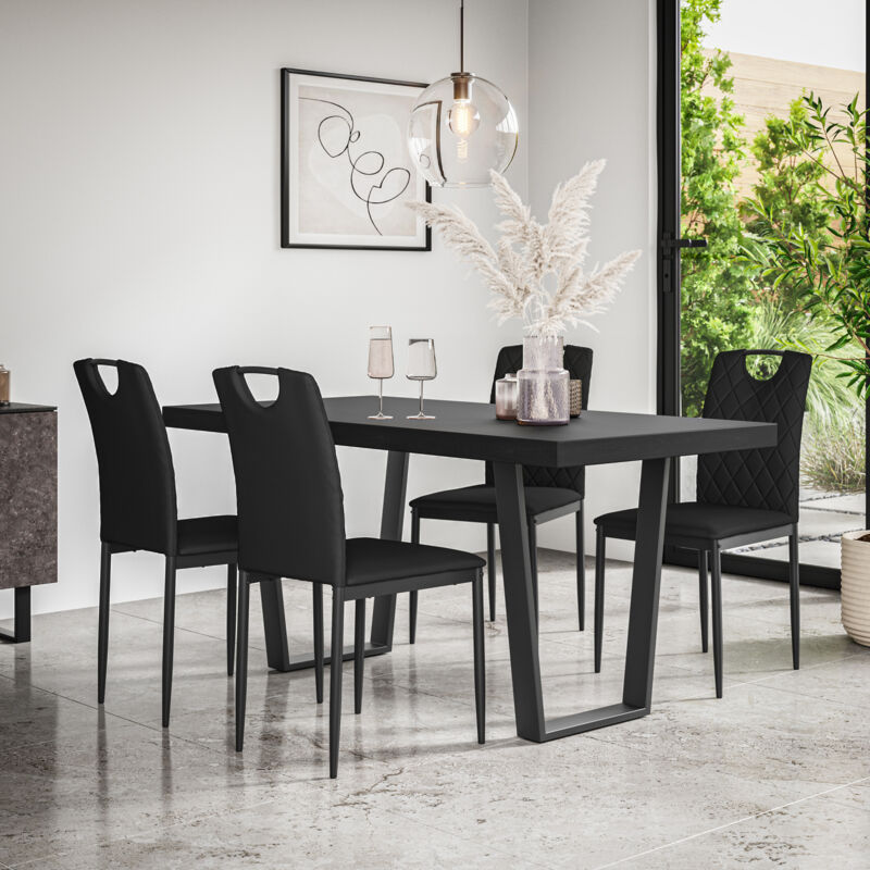 Aria Dining Table And Chairs - Black Table Top w Black Legs + Monza Faux Leather Dining Chair Set Of 4 (Black)