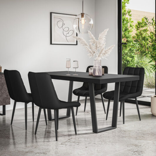 Aria Dining Table And Chairs - Black Table Top w Black Legs + Nova Faux Leather Dining Chair Set Of 6 (Black)