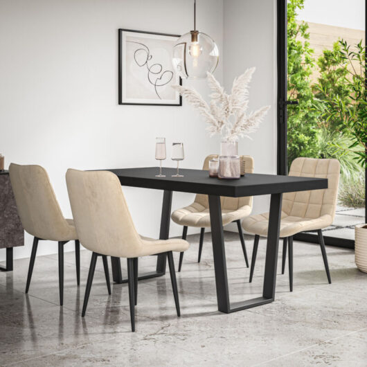 Aria Dining Table And Chairs - Black Table Top w Black Legs + Nova Velvet Dining Chair Set Of 4 (Beige)