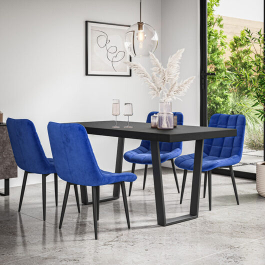 Aria Dining Table And Chairs - Black Table Top w Black Legs + Nova Velvet Dining Chair Set Of 6 (Blue)