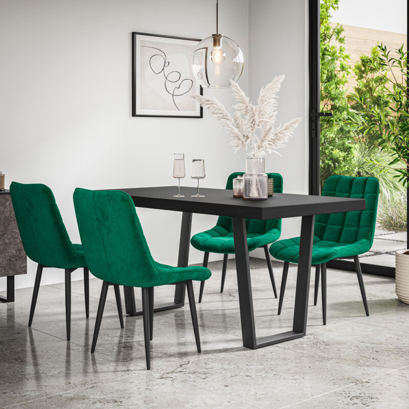 Aria Dining Table And Chairs - Black Table Top w Black Legs + Nova Velvet Dining Chair Set Of 6 (Green)