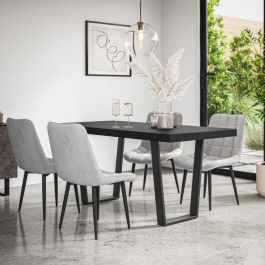 Aria Dining Table And Chairs - Black Table Top w Black Legs + Nova Velvet Dining Chair Set Of 6 (Grey)