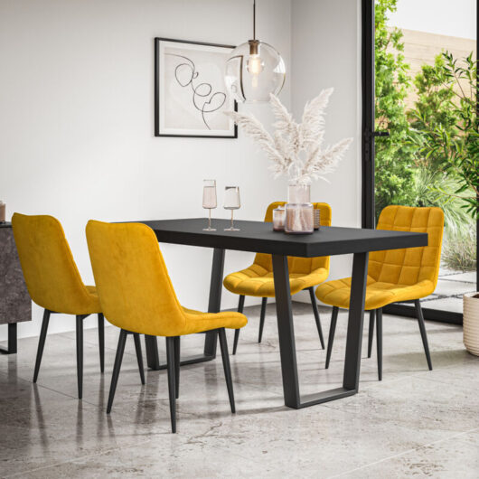 Aria Dining Table And Chairs - Black Table Top w Black Legs + Nova Velvet Dining Chair Set Of 6 (Mustard)