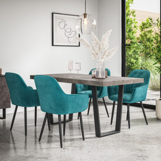 Aria Dining Table And Chairs - Grey Table Top w Black Legs + Anika Velvet Dining Chair Set Of 4 (Blue)