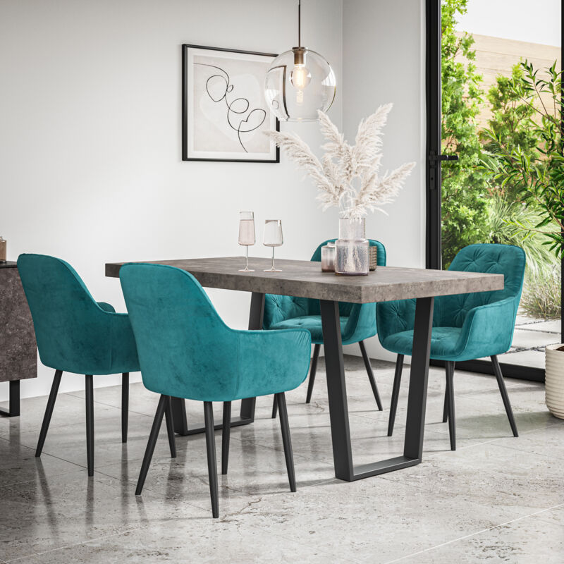 Aria Dining Table And Chairs - Grey Table Top w Black Legs + Anika Velvet Dining Chair Set Of 4 (Blue)