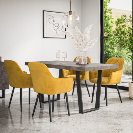Aria Dining Table And Chairs - Grey Table Top w Black Legs + Anika Velvet Dining Chair Set Of 6 (Mustard)
