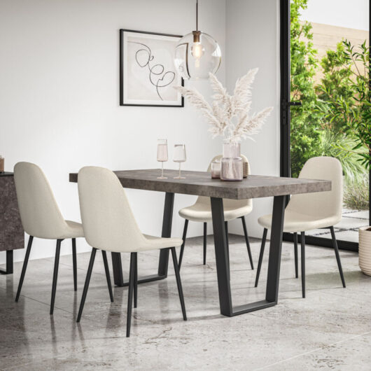 Aria Dining Table And Chairs - Grey Table Top w Black Legs + Maya Boucle Dining Chair Set Of 6 (Ivory White)