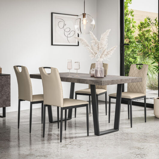 Aria Dining Table And Chairs - Grey Table Top w Black Legs + Monza Faux Leather Dining Chair Set Of 6 (Beige)