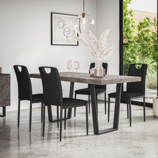 Aria Dining Table And Chairs - Grey Table Top w Black Legs + Monza Faux Leather Dining Chair Set Of 6 (Black)
