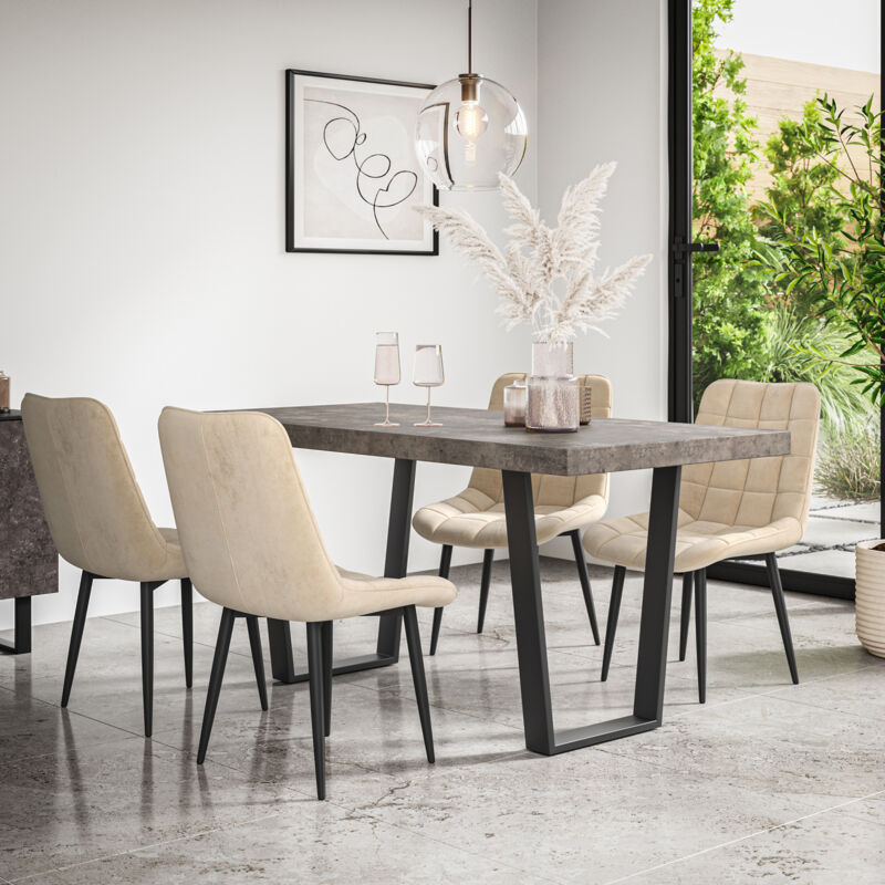 Aria Dining Table And Chairs - Grey Table Top w Black Legs + Nova Velvet Dining Chair Set Of 4 (Beige)