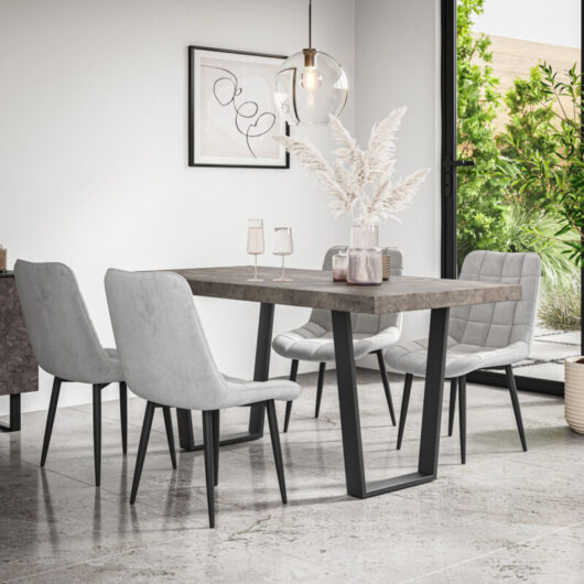 Aria Dining Table And Chairs - Grey Table Top w Black Legs + Nova Velvet Dining Chair Set Of 4 (Grey)