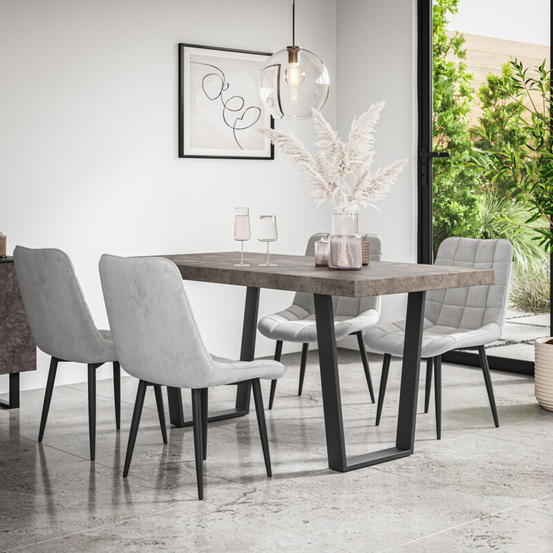 Aria Dining Table And Chairs - Grey Table Top w Black Legs + Nova Velvet Dining Chair Set Of 4 (Grey)