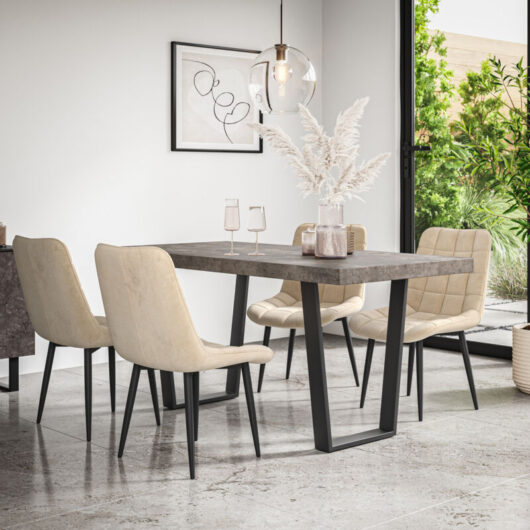 Aria Dining Table And Chairs - Grey Table Top w Black Legs + Nova Velvet Dining Chair Set Of 6 (Beige)