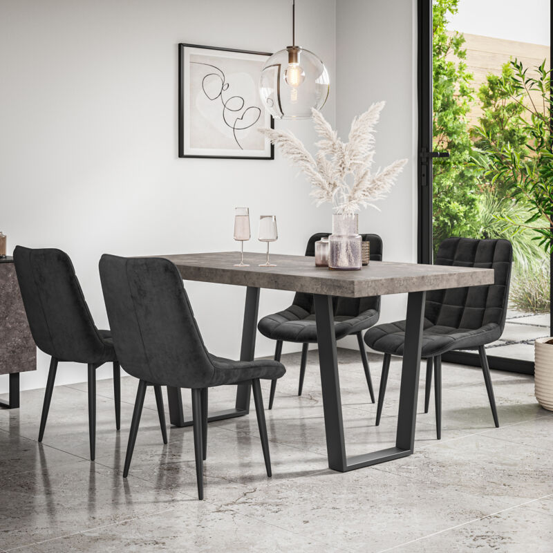 Aria Dining Table And Chairs - Grey Table Top w Black Legs + Nova Velvet Dining Chair Set Of 6 (Black)