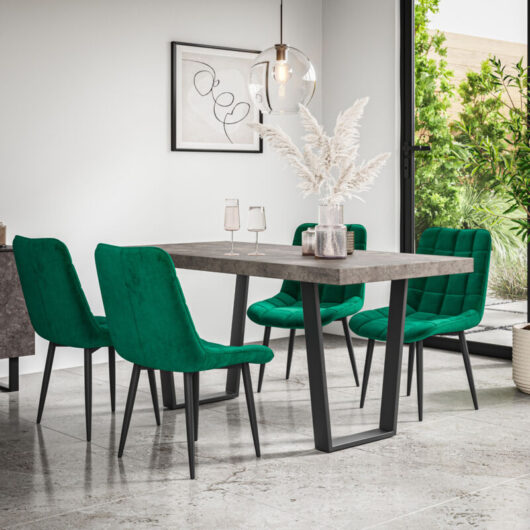 Aria Dining Table And Chairs - Grey Table Top w Black Legs + Nova Velvet Dining Chair Set Of 6 (Green)