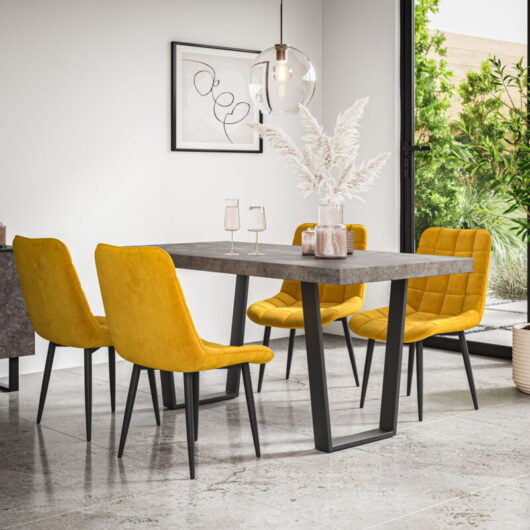 Aria Dining Table And Chairs - Grey Table Top w Black Legs + Nova Velvet Dining Chair Set Of 6 (Mustard)