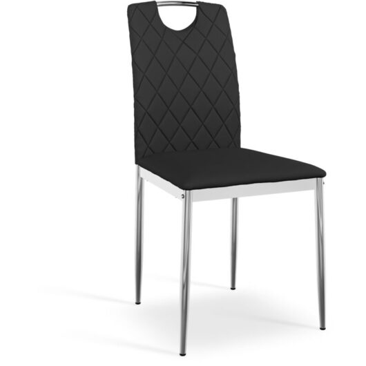 Aria Dining Table And Chairs - Grey Table Top w Chrome Legs + Monza Faux Leather Dining Chair w Chrome Legs Set Of 4 (Black)