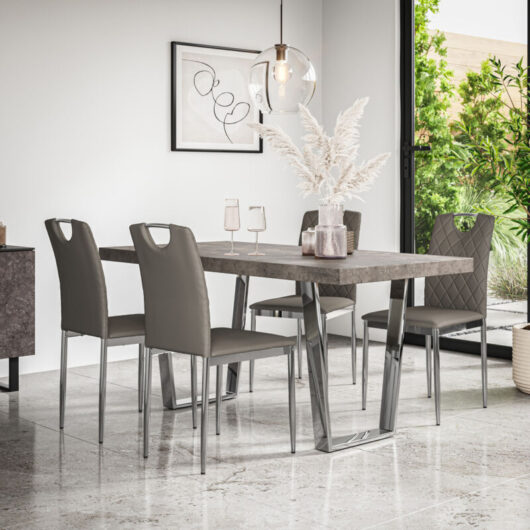 Aria Dining Table And Chairs - Grey Table Top w Chrome Legs + Monza Faux Leather Dining Chair w Chrome Legs Set Of 4 (Grey)