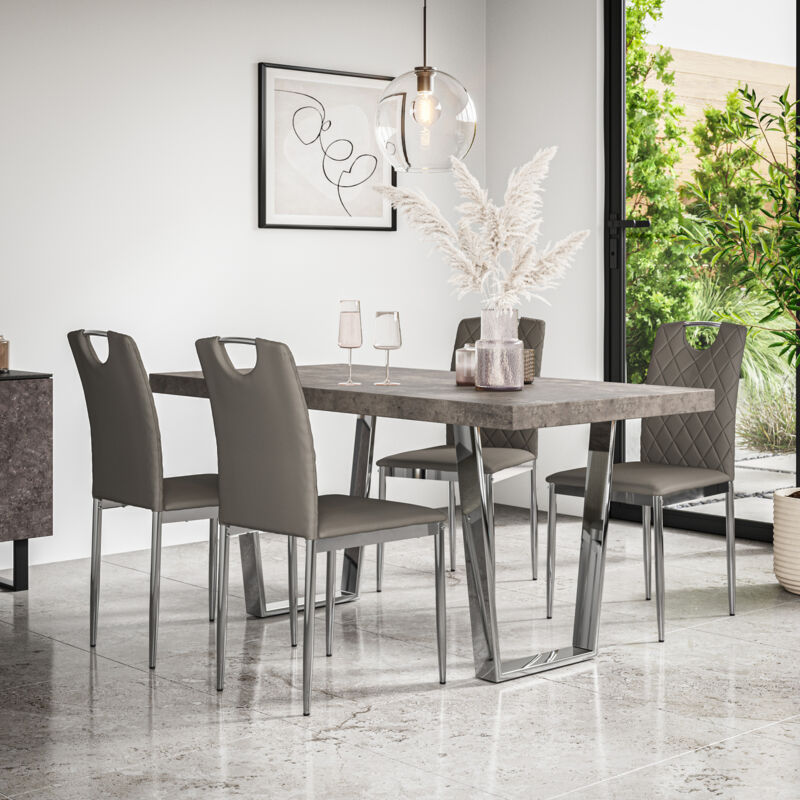 Aria Dining Table And Chairs - Grey Table Top w Chrome Legs + Monza Faux Leather Dining Chair w Chrome Legs Set Of 4 (Grey)