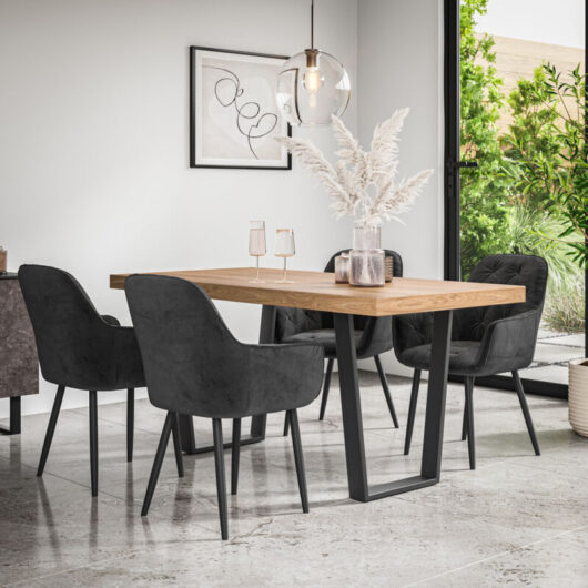 Aria Dining Table And Chairs - Oak Effect Table Top w Black Legs + Anika Velvet Dining Chair Set Of 4 (Black)