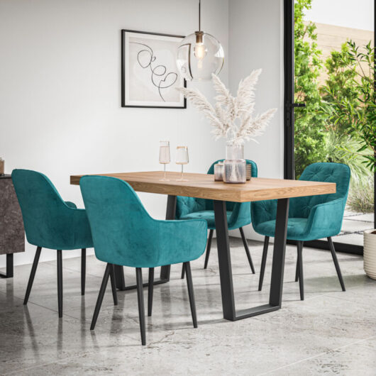 Aria Dining Table And Chairs - Oak Effect Table Top w Black Legs + Anika Velvet Dining Chair Set Of 6 (Blue)