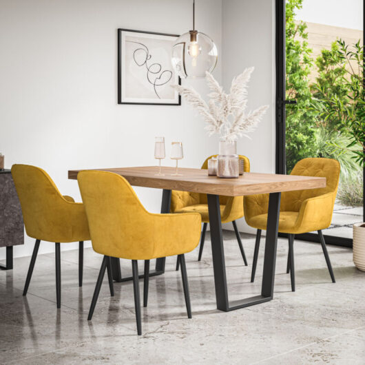 Aria Dining Table And Chairs - Oak Effect Table Top w Black Legs + Anika Velvet Dining Chair Set Of 6 (Mustard)
