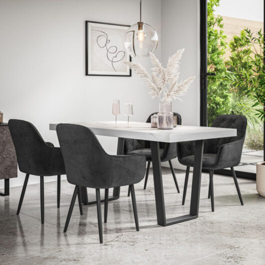 Aria Dining Table And Chairs - White Marble Effect Table Top w Black Legs + Anika Velvet Dining Chair Set Of 6 (Black)