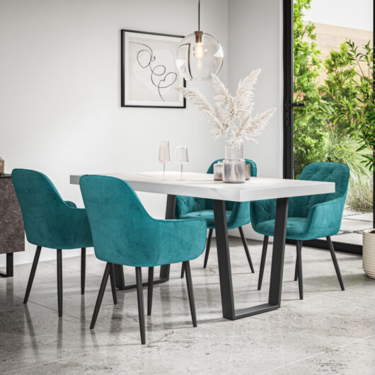 Aria Dining Table And Chairs - White Marble Effect Table Top w Black Legs + Anika Velvet Dining Chair Set Of 6 (Blue)