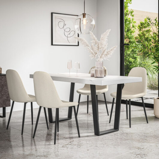 Aria Dining Table And Chairs - White Marble Effect Table Top w Black Legs + Maya Boucle Dining Chair Set Of 6 (Ivory White)