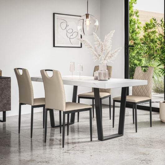 Aria Dining Table And Chairs - White Marble Effect Table Top w Black Legs + Monza Faux Leather Dining Chair Set Of 6 (Beige)