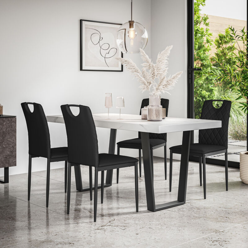 Aria Dining Table And Chairs - White Marble Effect Table Top w Black Legs + Monza Faux Leather Dining Chair Set Of 6 (Black)