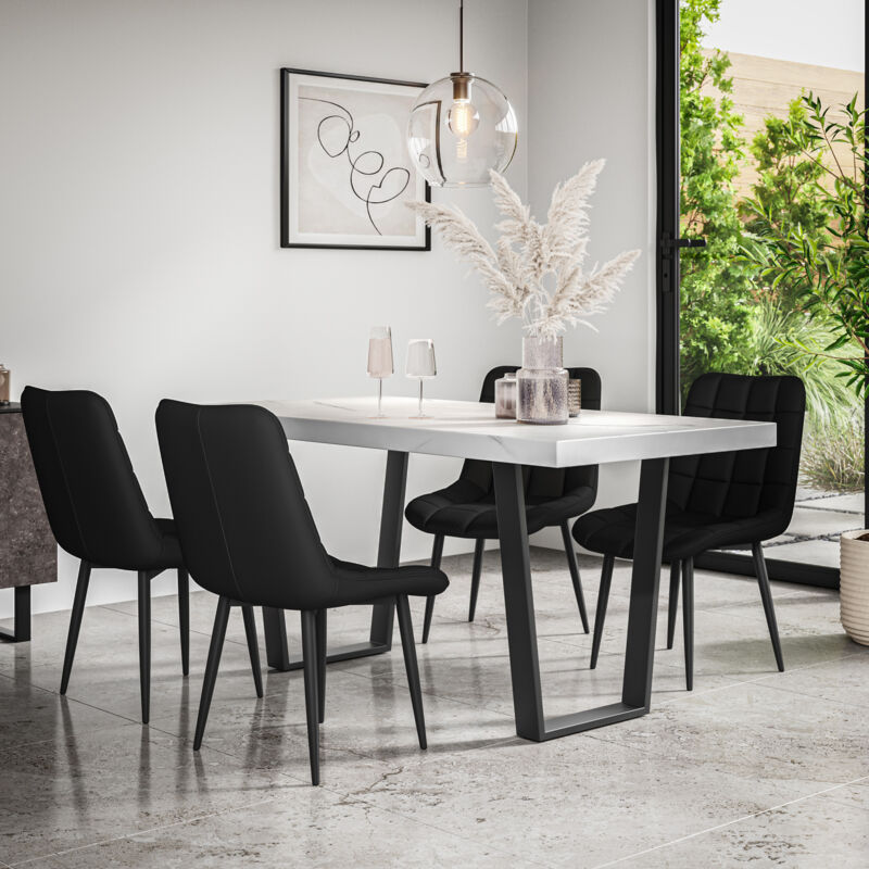 Aria Dining Table And Chairs - White Marble Effect Table Top w Black Legs + Nova Faux Leather Dining Chair Set Of 4 (Black)