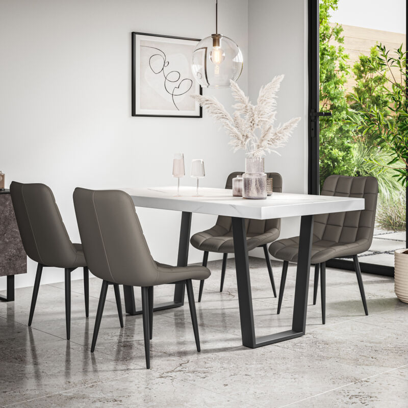 Aria Dining Table And Chairs - White Marble Effect Table Top w Black Legs + Nova Faux Leather Dining Chair Set Of 4 (Grey)