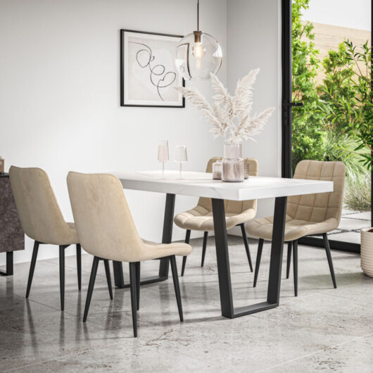 Aria Dining Table And Chairs - White Marble Effect Table Top w Black Legs + Nova Velvet Dining Chair Set Of 6 (Beige)