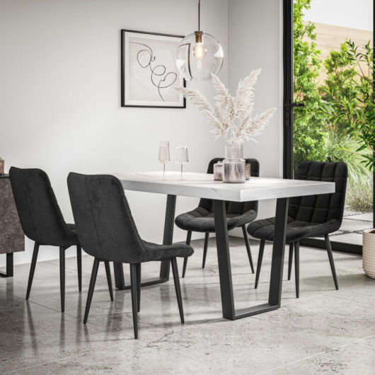 Aria Dining Table And Chairs - White Marble Effect Table Top w Black Legs + Nova Velvet Dining Chair Set Of 6 (Black)