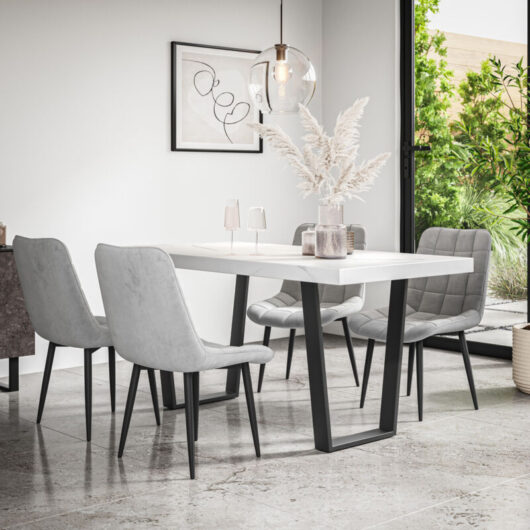 Aria Dining Table And Chairs - White Marble Effect Table Top w Black Legs + Nova Velvet Dining Chair Set Of 6 (Grey)