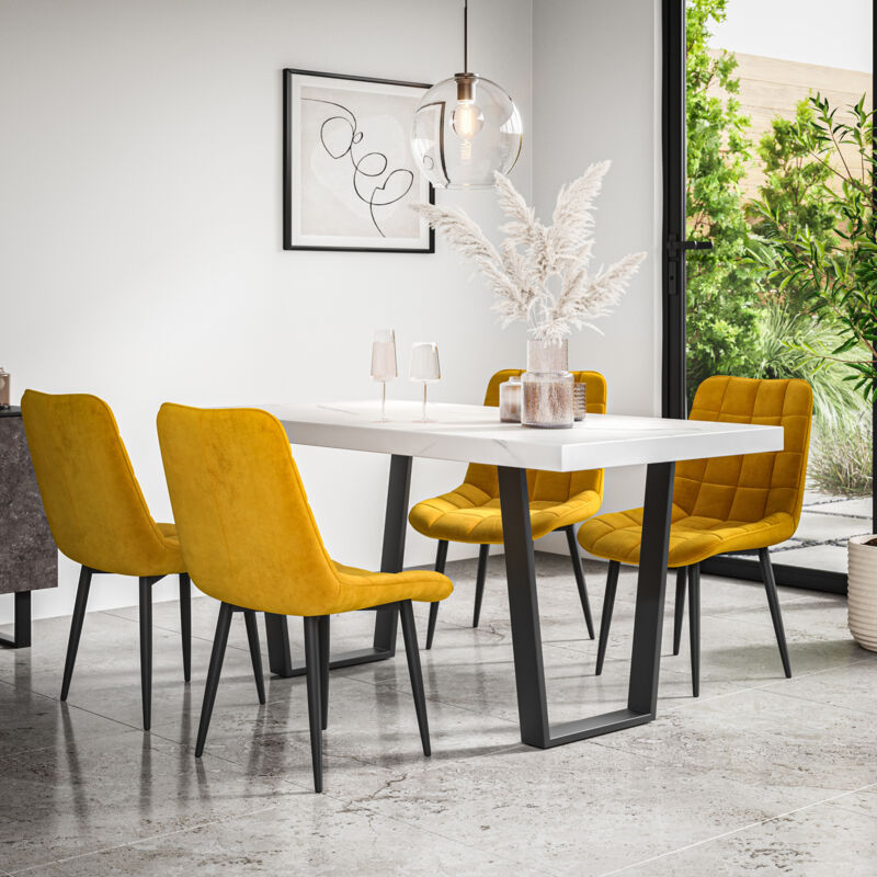 Aria Dining Table And Chairs - White Marble Effect Table Top w Black Legs + Nova Velvet Dining Chair Set Of 6 (Mustard)