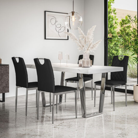 Aria Dining Table And Chairs - White Marble Effect Table Top w Chrome Legs + Monza Faux Leather Dining Chair w Chrome Legs Set Of 4 (Black)