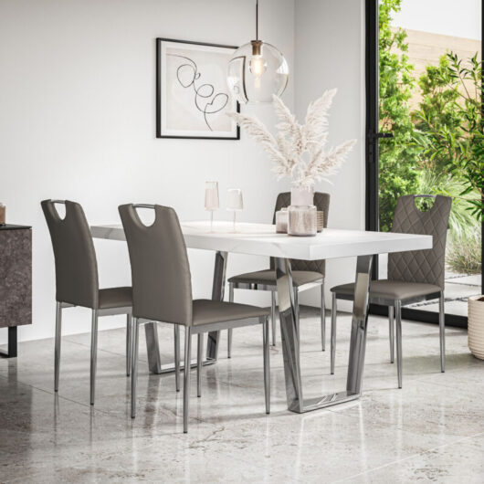 Aria Dining Table And Chairs - White Marble Effect Table Top w Chrome Legs + Monza Faux Leather Dining Chair w Chrome Legs Set Of 6 (Grey)